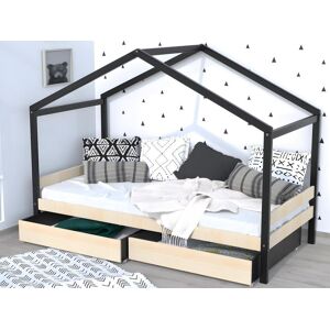 Vente unique Lit cabane ELFIA 2 tiroirs 90 x 190 cm Epicea massif Naturel et Noir