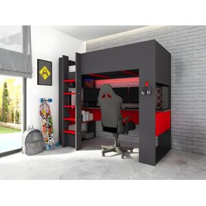 Vente unique Lit mezzanine gamer NOAH avec bureau et rangements integres 90 x 200 cm Avec LEDs Anthracite et rouge