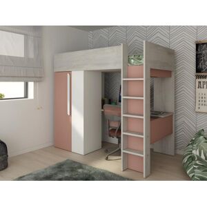 Vente unique Lit mezzanine 90 x 200 cm avec armoire et bureau Rose et blanc matelas NICOLAS