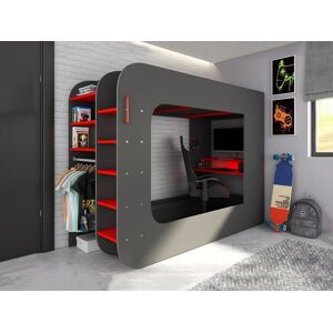 Vente unique Lit mezzanine gamer 90 x 200 cm Avec bureau et rangements Avec LEDs Anthracite et rouge WARRIOR