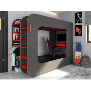 Vente unique Lit mezzanine gamer 90 x 200 cm Avec bureau et rangements Avec LEDs Anthracite et rouge matelas WARRIOR