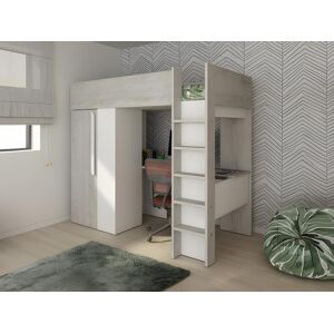 Vente-unique Lit mezzanine 90 x 200 cm avec armoire et bureau - Naturel grise et blanc + Matelas - NICOLAS