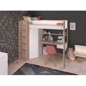 Vente unique Lit mezzanine avec bureau et armoire 90 x 200 cm Coloris Blanc et naturel AUCKLAND