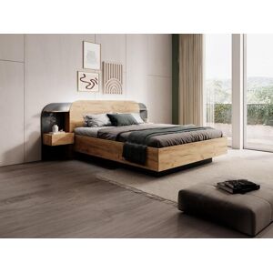 Vente unique Lit coffre avec chevets 160 x 200 cm Avec LEDs Coloris Naturel et noir Matelas JUVISIA