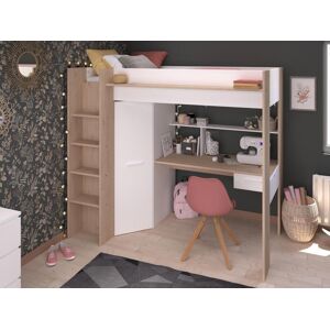 Vente unique Lit mezzanine avec bureau et armoire 90 x 200 cm Coloris Blanc et naturel matelas AUCKLAND