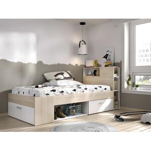 Vente-unique Lit avec tete de lit rangements et tiroir - 90 x 190 cm - Blanc et Naturel + Sommier - LEANDRE