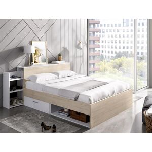 Vente unique Lit avec tete de lit rangements et tiroirs 140 x 190 cm Coloris Naturel et blanc Sommier Matelas FLORIAN