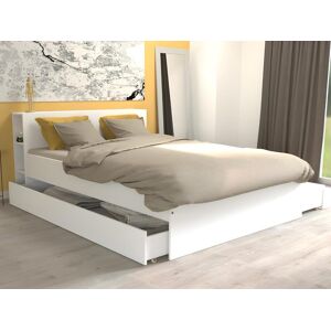 Vente unique Lit avec tete de lit rangements et tiroirs 140 x 190 cm Blanc Sommier Matelas EUGENE