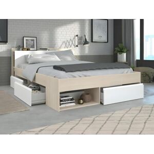 Vente unique Lit avec rangements modulable 140 x 190 200 cm Coloris Blanc et naturel DEBAR