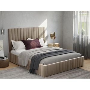 Vente unique Lit coffre 140 x 190 cm avec tete de lit coutures verticales Velours Taupe Matelas LARALI