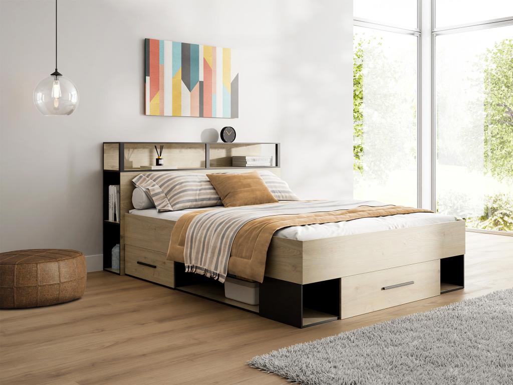 Vente-unique Lit avec rangements 140 x 190 cm + Sommier + Matelas - Coloris : Naturel et noir - NOALIA