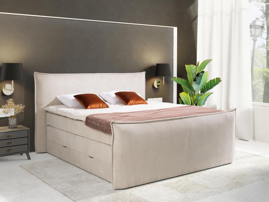 Vente-unique.com Ensemble complet boxspring tête de lit + sommiers coffre + matelas + surmatelas - 2 x 80 x 200 cm - Velours côtelé - Ivoire - RHODA de PALACIO