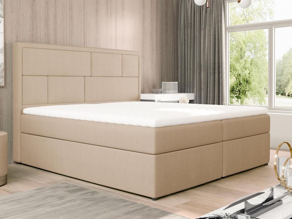 Vente-unique.com Ensemble complet literie déco tête de lit + sommiers coffre + matelas + surmatelas - 160 x 200 cm - Tissu - Beige - LOUMIA de DREAMEA