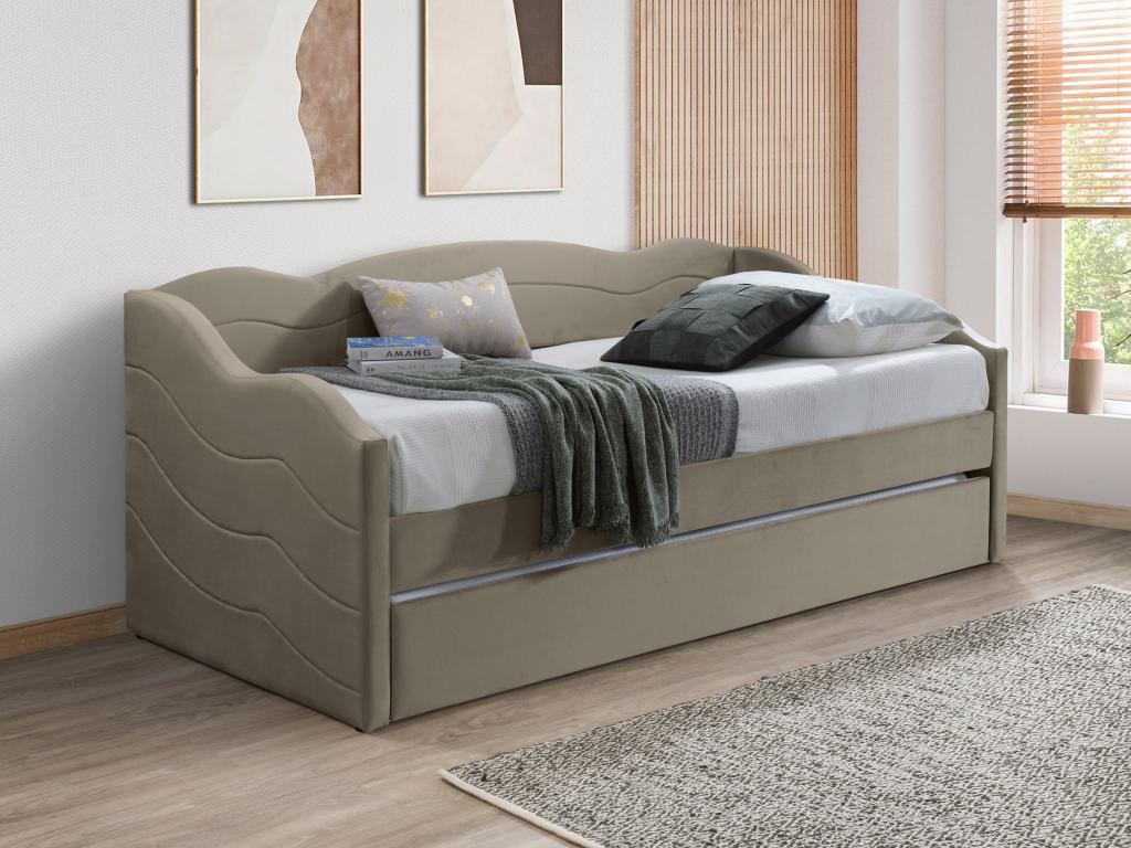 Vente-unique Lit banquette gigogne 2 x 90 x 190 cm - Velours - Taupe + Matelas - LENVIA