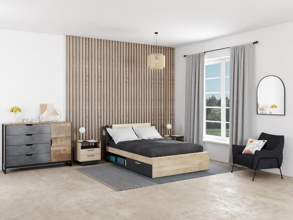 Vente-unique Lit 140 x 200 cm avec rangements - Coloris : Naturel et noir + Sommier + Matelas - ERALIA