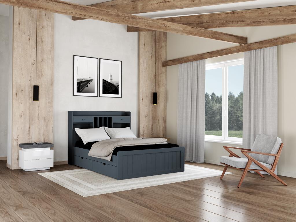 Vente-unique Lit avec rangements 140 x 190 cm - Pin - Gris anthracite + Sommier + Matelas - MEDERICK