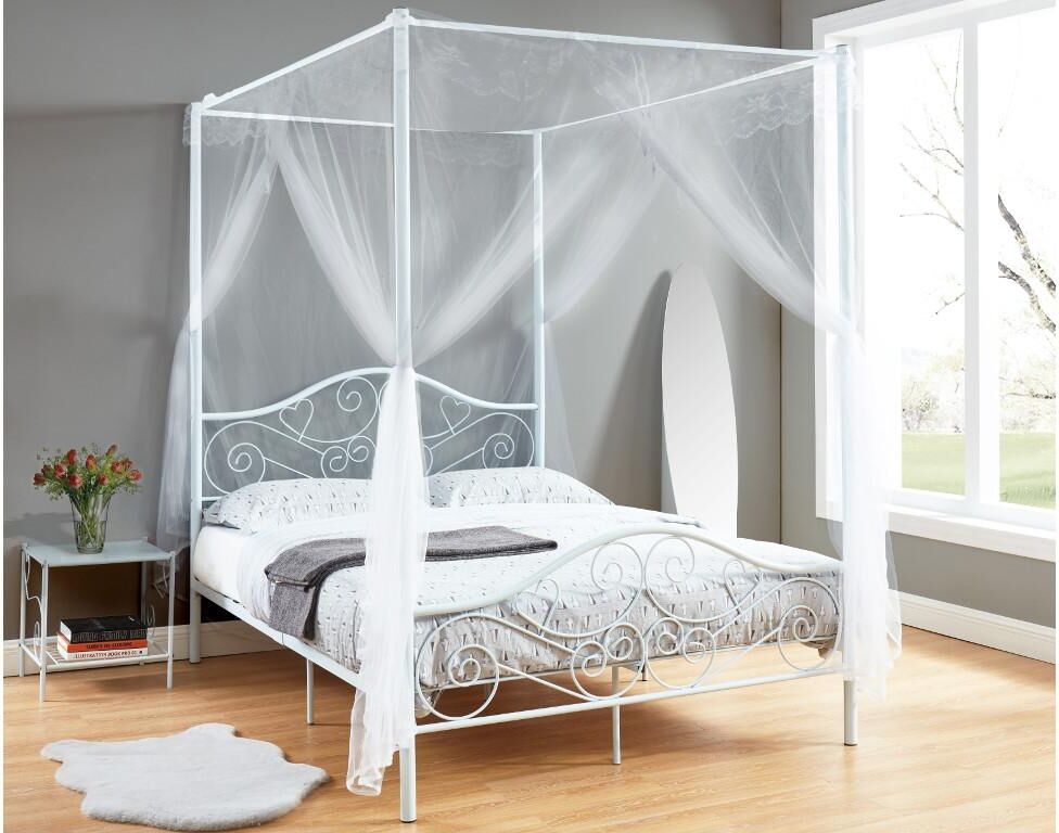 Vente-unique Lit à baldaquin 140 x 190 cm - Métal - Blanc + Matelas - LEYNA