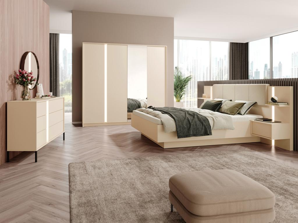 Vente-unique Lit avec chevets 160 x 200 cm - Avec LEDs - Coloris : Beige + Sommier + Matelas - ELYNIA