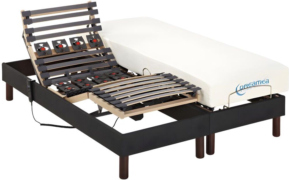 Vente-unique.com Lit électrique relaxation lattes et plots matelas mémoire de forme tissu anthracite JASON de DREAMEA - 2 x 70 x 190 cm