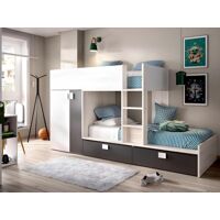 Vente-unique Lits Superposés 2 x 90 x 190 cm – Armoire intégrée – Blanc, naturel et anthracite + matelas – JUANITO