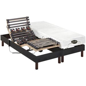 Vente-unique.com Lit électrique relaxation lattes et plots matelas mémoire forme tissu anthracite THESEE de NATUREA - 2 x 70 x 190 cm