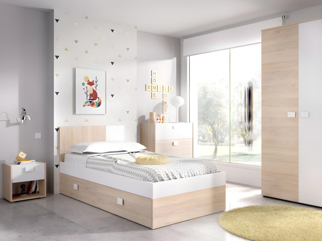 Vente-unique Chambre complète enfant lit gigogne 90 x 190 cm - 3 produits - Coloris : Chêne et blanc - SONIA