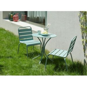 Salle a manger de jardin en metal une table D60cm et 2 chaises empilables Vert amande MIRMANDE de MYLIA