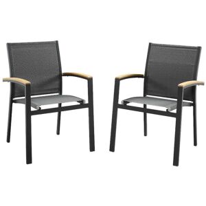 Lot de 2 fauteuils de jardin empilables en aluminium et textilene Anthracite et accoudoirs acacia TAIPIVAI de MYLIA