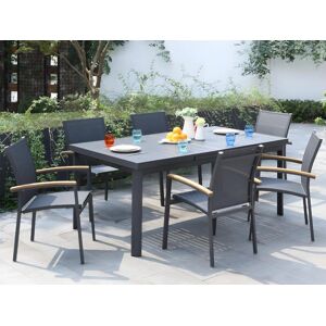 Salle a manger de jardin en aluminium une table extensible 180240cm et 6 fauteuils empilables avec accoudoirs acacia Anthracite NAURU de MYLIA