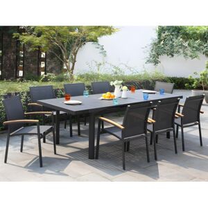 Salle a manger de jardin en aluminium une table extensible 180240cm et 8 fauteuils empilables avec accoudoirs acacia Anthracite NAURU de MYLIA