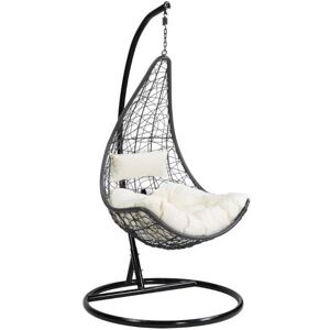 Fauteuil suspendu en resine tressee noire et coussins blancs OROSI de MYLIA