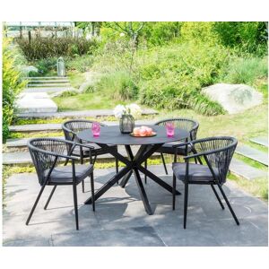 Salle a manger de jardin PORTOFINO en aluminium et cordes une table ronde D120cm et 4 fauteuils empilables de MYLIA