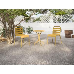 Salle a manger de jardin en metal une table D60cm et 2 chaises empilables Jaune moutarde MIRMANDE de MYLIA