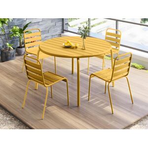 Salle a manger de jardin en metal une table D110cm et 4 chaises empilables Jaune moutarde MIRMANDE de MYLIA