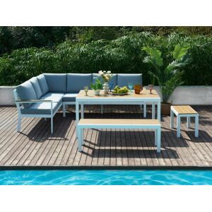 Salon de jardin en aluminium et polywood 1 canape dangle 2 bancs et 1 table Naturel clair et gris ZOLAYA de MYLIA