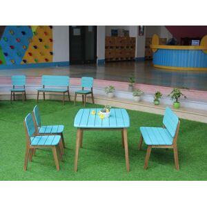 Salle a manger de jardin bleue pour enfants en acacia 2 chaises 1 banc et 1 table GOZO de MYLIA