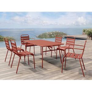 Salle a manger de jardin en metal - une table L.160 cm avec 2 fauteuils empilables et 4 chaises empilables - Terracotta - MIRMANDE de MYLIA