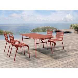 Salle a manger de jardin en metal - une table L.160 cm et 4 chaises empilables - Terracotta - MIRMANDE de MYLIA