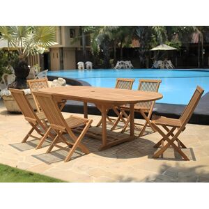 Salle a manger de jardin en teck : une table extensible L.180 / 240 cm et 6 chaises pliantes - Naturel clair - BYBLOS II de MYLIA