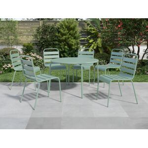 Salle a manger de jardin en metal - une table ronde D.130cm et 6 chaises empilables - Vert amande - MIRMANDE de MYLIA