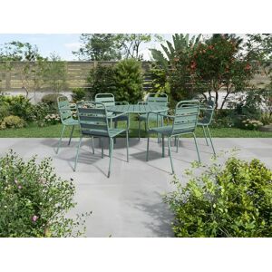 Salle a manger de jardin en metal une table ronde D130cm et 6 fauteuils empilables Vert amande MIRMANDE de MYLIA