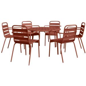 Salle a manger de jardin en metal - une table ronde D.130cm et 6 fauteuils empilables - Terracotta - MIRMANDE de MYLIA