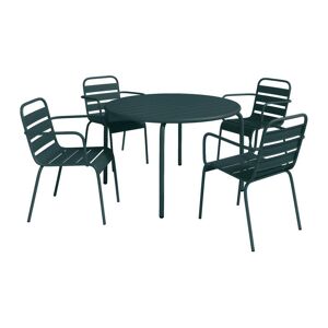 Salle a manger de jardin en metal une table D110cm et 4 fauteuils empilables Vert sapin MIRMANDE de MYLIA