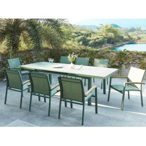 Salle a manger de jardin en aluminium : une table extensible 180/240cm et 8 fauteuils empilables avec accoudoirs acacia - Vert amande - NAURU de MYLIA