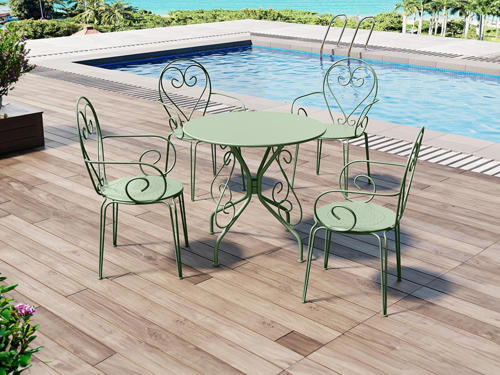 Salle à manger de jardin en métal façon fer forgé : une table et 4 fauteuils - Vert amande - GUERMANTES de MYLIA