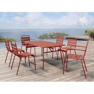 MYLIA Salle à manger de jardin en métal - une table L.160 cm avec 2 fauteuils empilables et 4 chaises empilables - Terracotta - MIRMANDE de MYLIA