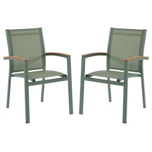 MYLIA Lot de 2 fauteuils de jardin empilables en aluminium et textilène - Vert amande et accoudoirs acacia - TAIPIVAI de MYLIA