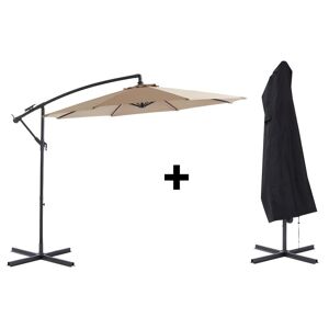 MYLIA Parasol déporté rond taupe en acier avec LEDS - D. 2.93 m + housse de protection - POCOTA