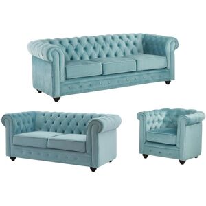 Vente-unique Canapes 3 places et 2 places et fauteuil en velours bleu pastel CHESTERFIELD