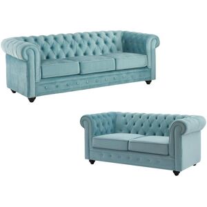 Vente unique Canapes 3 places et 2 places en velours bleu pastel CHESTERFIELD